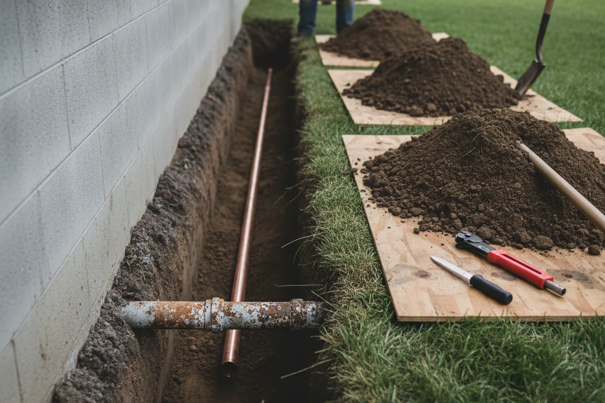 Excavated water line trench during Sewer Line Repair in Payson
